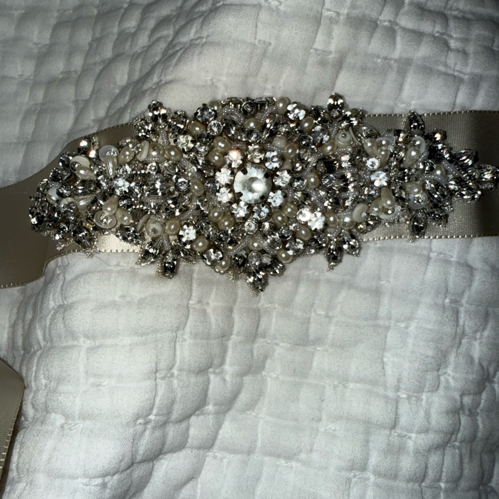 Crystal and Pearl Embellished Satin bridal Sash Belt - Ivory